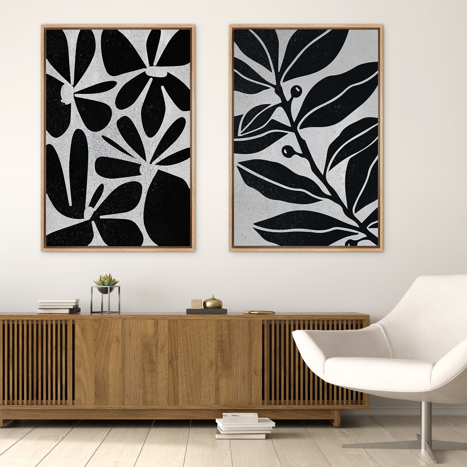 Framed Canvas Wall Art Set of 2 Black and White Abstract Floral ...