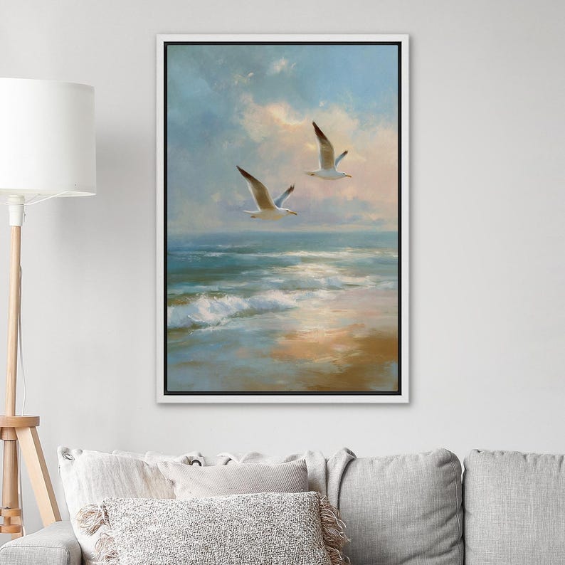Seagull Ocean Wall Art - Framed Minimalist Bird Canvas Print, Coastal ...