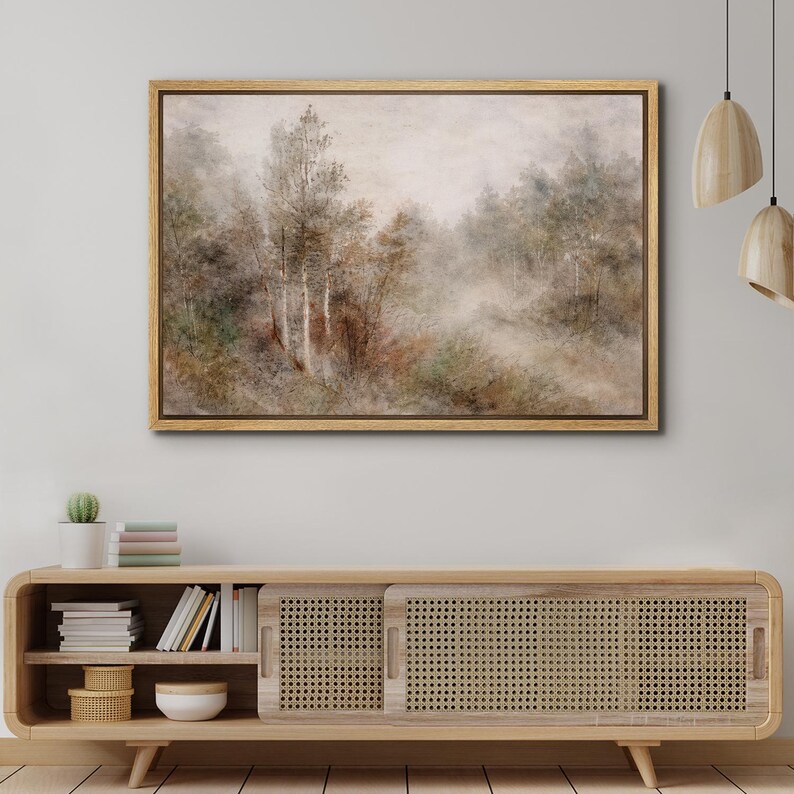 Framed Misty Forest Wall Art, Moody Woodland Landscape Canvas Print ...