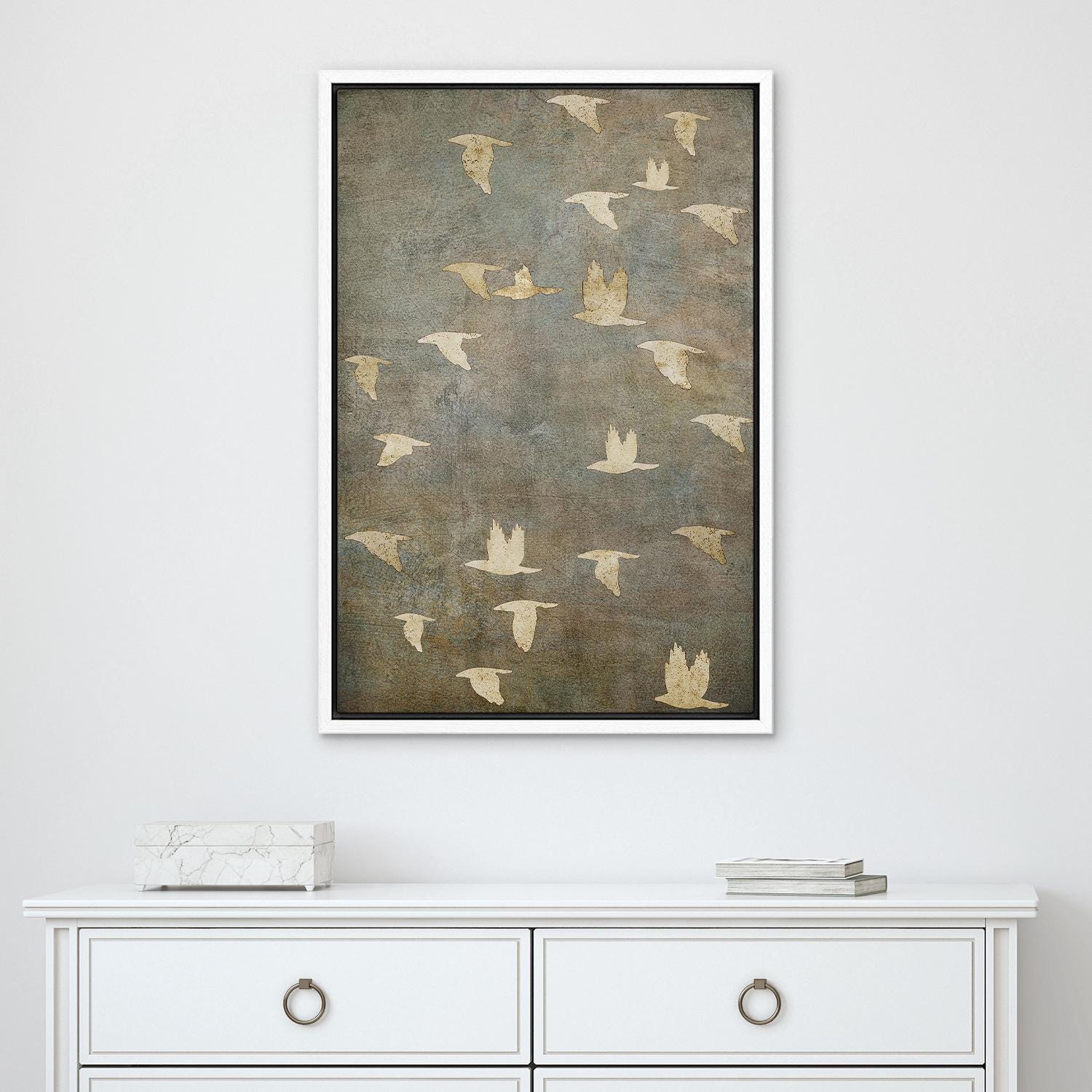 Framed Canvas Wall Art Prints Abstract Flying Flock of Birds in Neutral Tones Rustic Nature Wall Decor Minimalist Artwork Living Room Decor