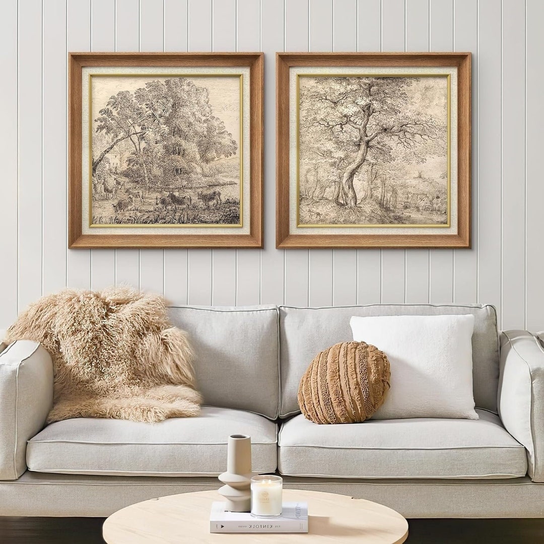 Premium Framed Wall Art Set of 2 Vintage Countryside Forest Tree ...