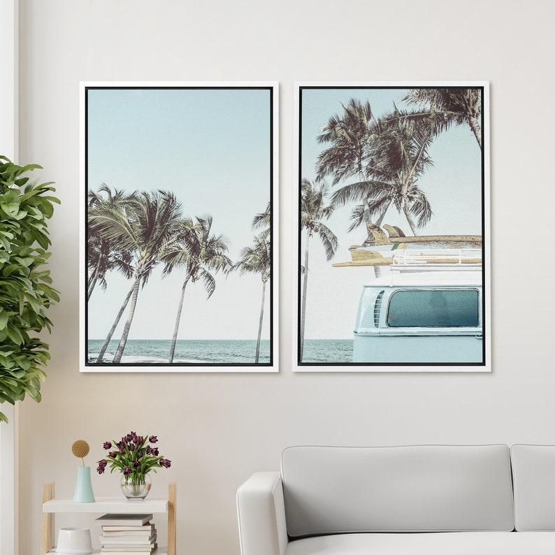 Framed Canvas Wall Art Set of 2 Beach Palm Tree Photography Prints ...