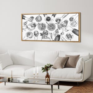 May include: Black and white line drawing illustration of a group of people gathered around a table, enjoying a meal and drinks. The illustration is framed in a wooden frame.