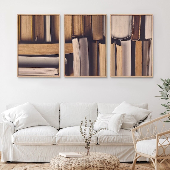 Framed Canvas Wall Art Set of 3 Stack of Old Books in the School