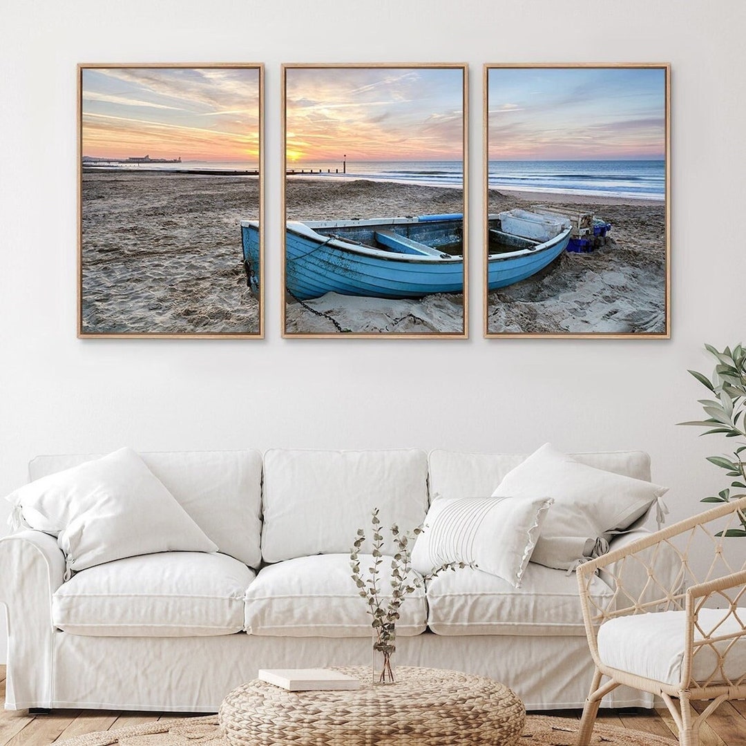 Framed Canvas Wall Art Set of 3 Tropical Fishing Boat on Beach Sand at ...