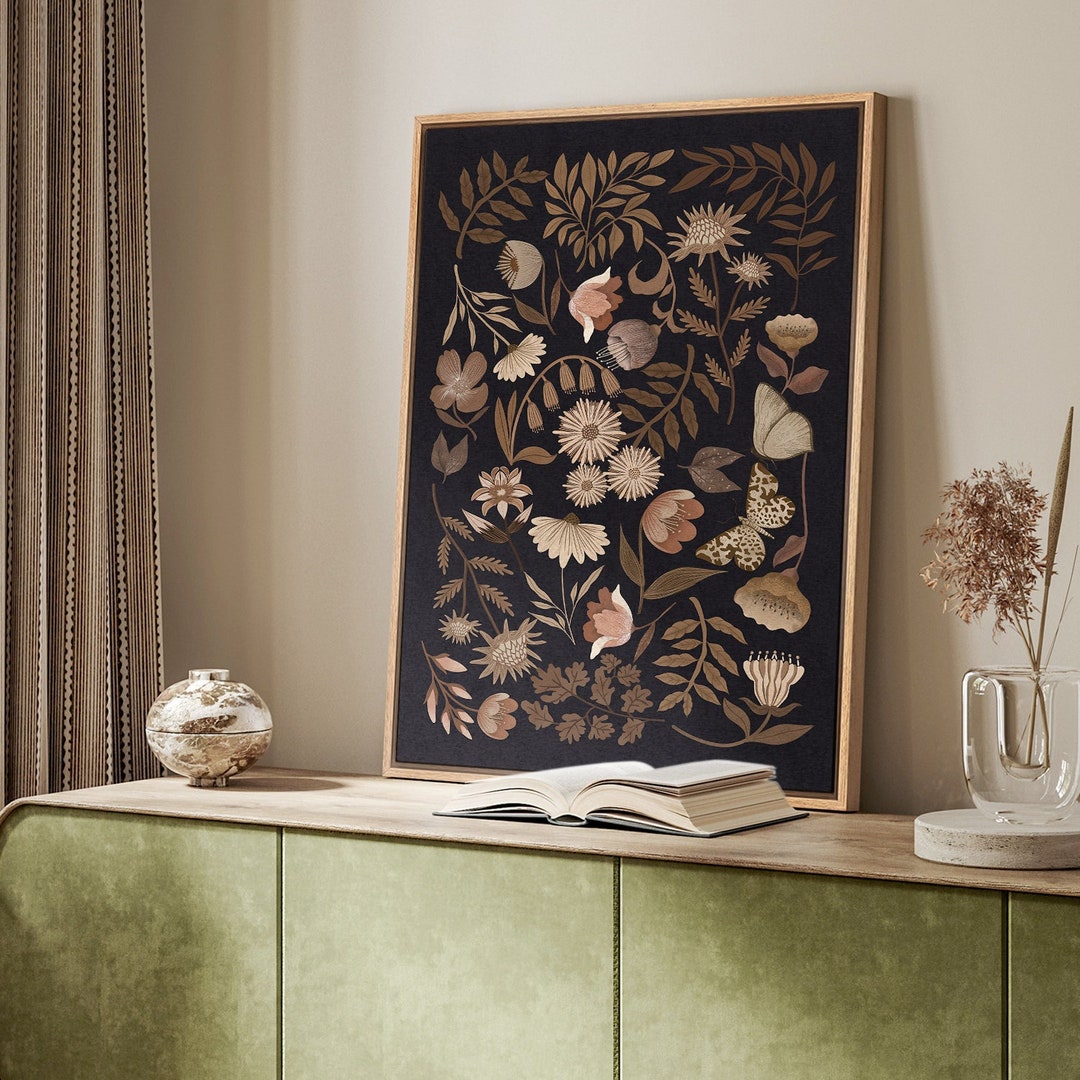 Framed Vintage Floral Wall Art, Moody Dark Botanical Canvas Print ...
