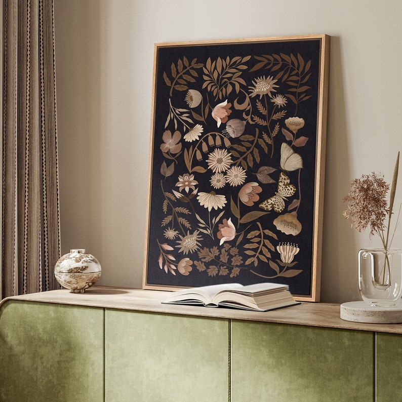 Framed Canvas Wall Art Moody Flowers Floral Botanical Print Minimalist