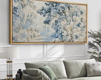 Large Blue Beige Forest Path Framed Wall Art, Woodland Landscape Canvas Print, Muted French Country Decor for Living Room