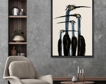 Abstract Ink Wash Heron Framed Wall Art, Quirky Long Neck Birds Canvas Print, Modern Minimalist Living Room Decor