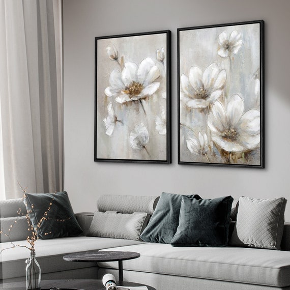 Framed Canvas Wall Art Set of 2 Beige Gray Flowers Floral 