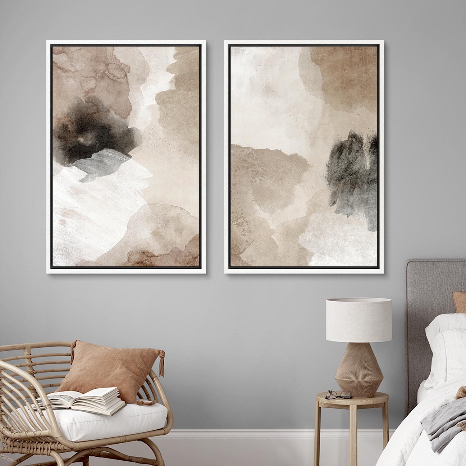 Framed Canvas Wall Art Print Set of 2 Abstract Beige Brown Art Print ...