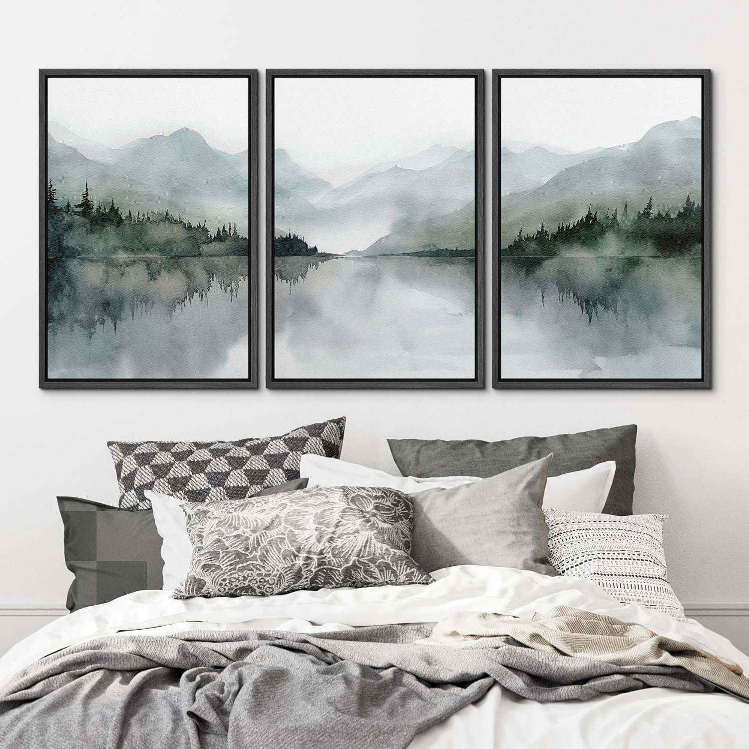 Framed Canvas Wall Art Prints Set of 3 Misty Forest Lake Mountain ...