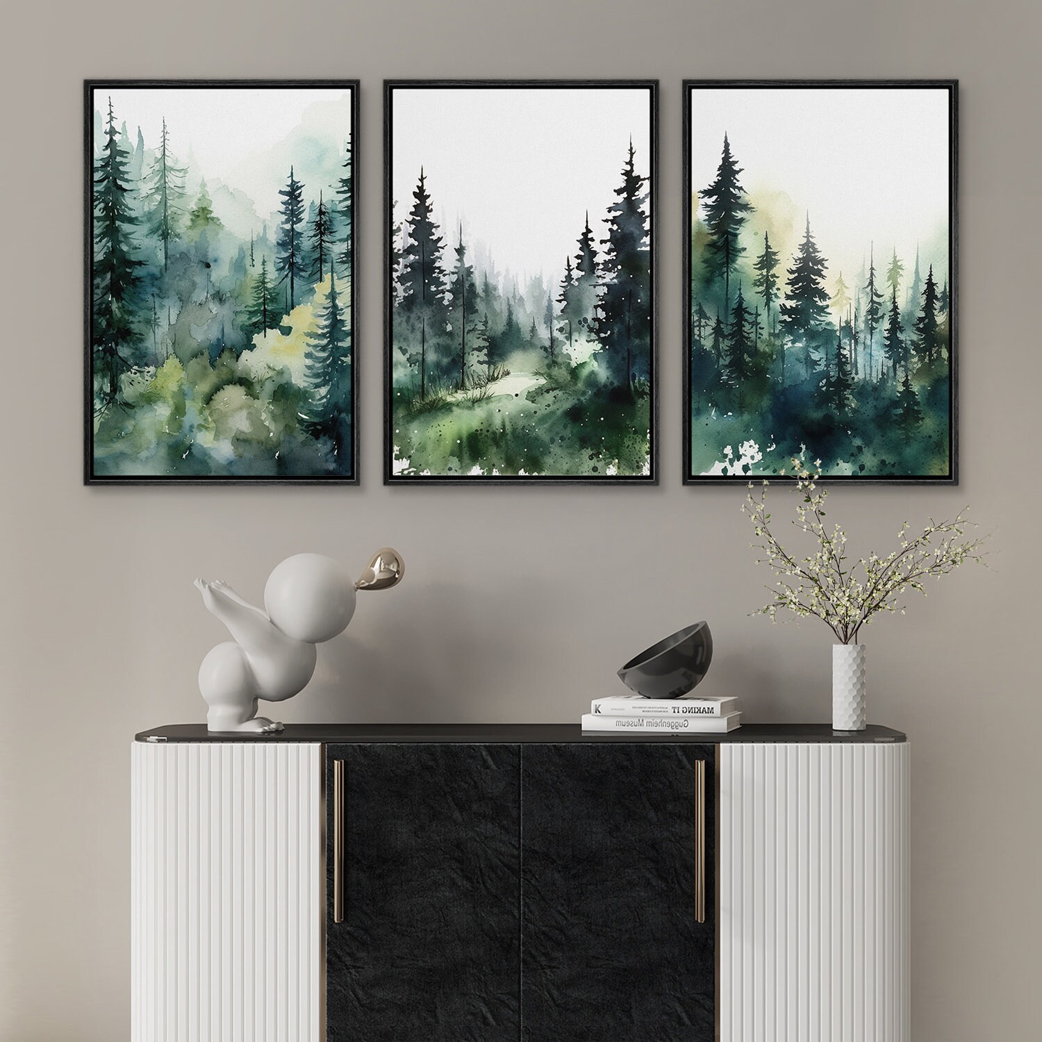 Mountain Wall Art Decor Set Of 3 Sage Green Forest Canvas Wall Art Prints Nature Landscape Wall Decor Watercolor Pine Tree Pictures Abstract Modern Painting For Living Room Bedroom 24x36 Inch