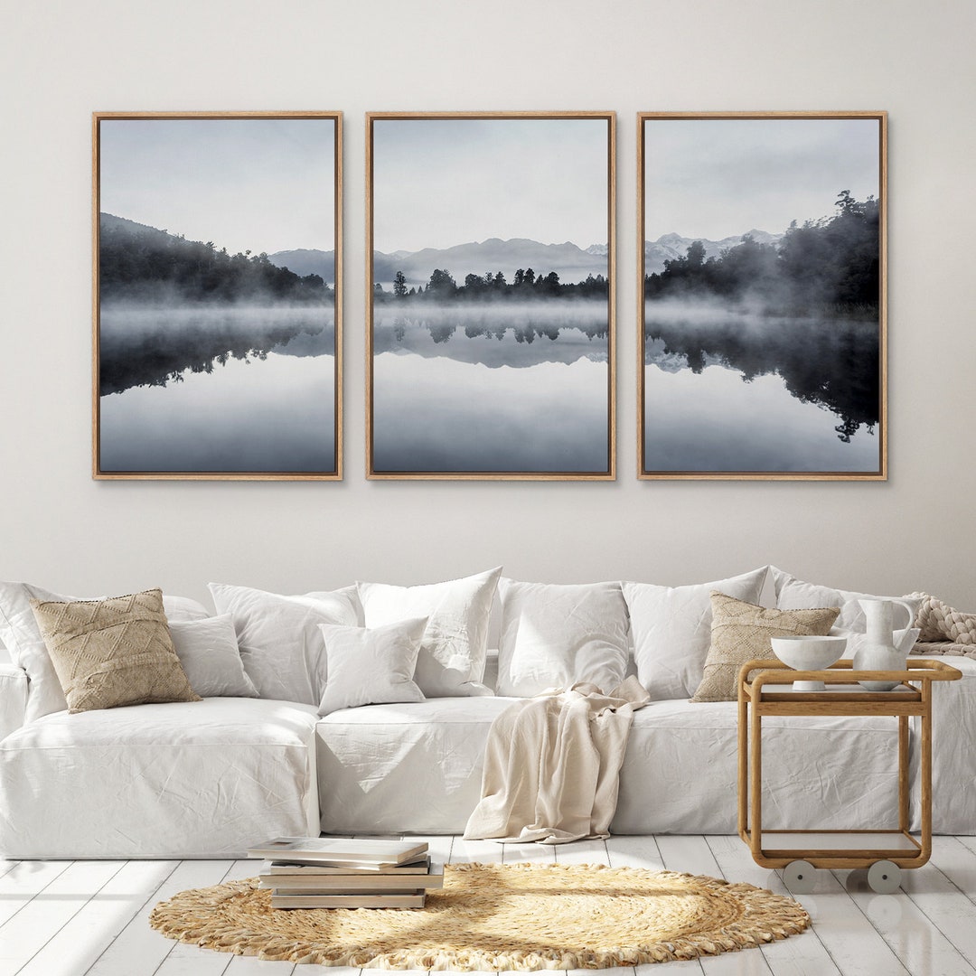 Framed Canvas Wall Art Prints Set of 3 Misty Forest Lake Landscape Art ...