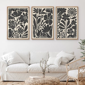 Framed Canvas Wall Art Set Abstract Floral Botanical Prints Minimalist Modern Art Boho Wall Decor bundle of 3 - Wood