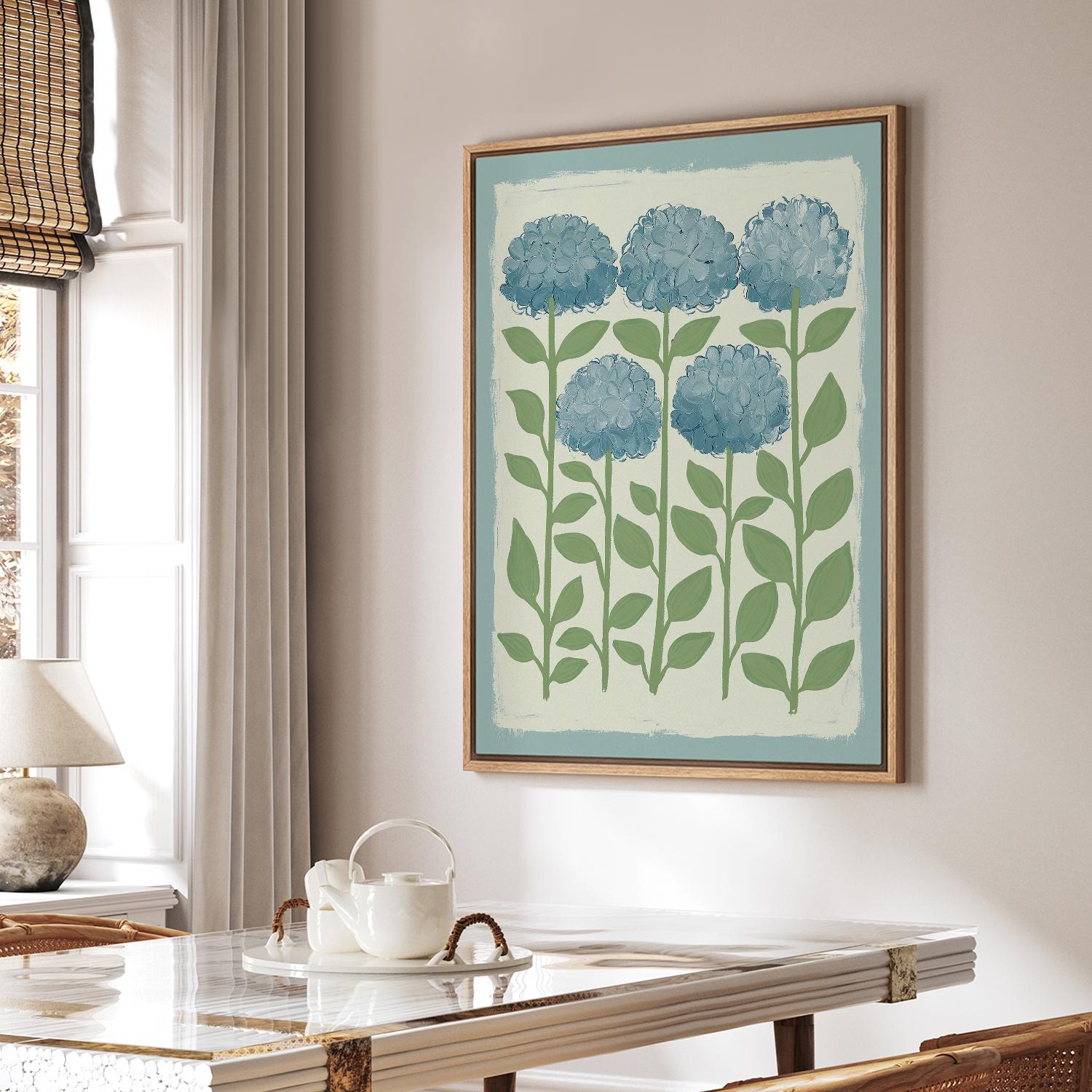 Blue Hydrangea Wall Art - Framed Minimalist Floral Canvas Print ...
