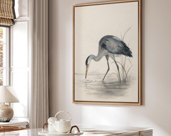 Minimalist Heron Wall Art - Framed Watercolor Bird Painting, Neutral-Toned Nature Canvas Print for Serene Living Room or Meditation Space