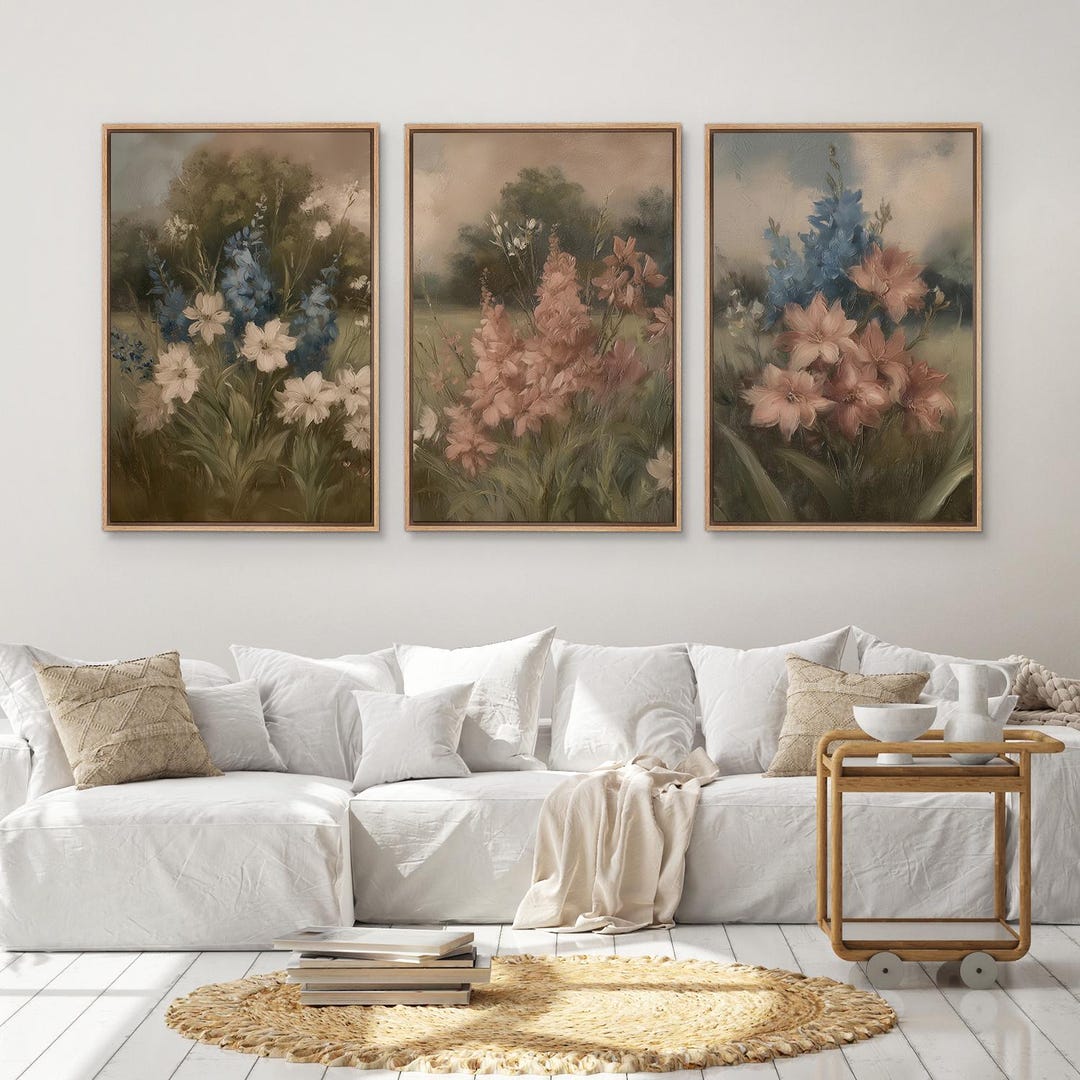 Framed Wildflower Meadow Wall Art Set of 3, Vintage Botanical Floral ...