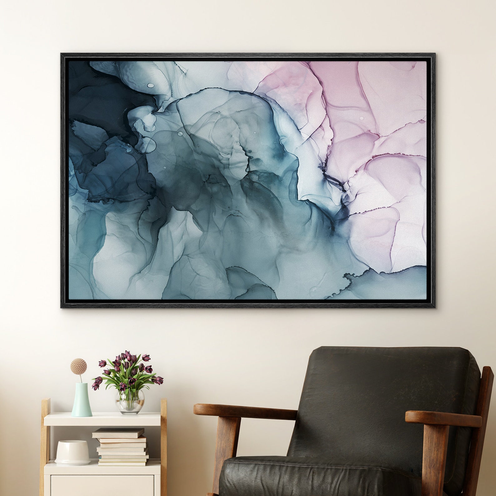 Framed Canvas Wall Art Set Navy Blue Pink Abstract Prints Minimalist ...
