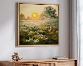 Sunrise Wildflower Meadow Wall Art - Framed Landscape Canvas Print, Romantic Botanical Field Painting for Living Room or Bedroom Decor