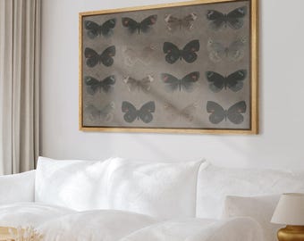 Vintage Butterfly Specimen Framed Wall Art, Muted Dark Neutral Insect Canvas Print, Farmhouse Cottage Living Room Decor
