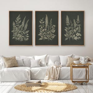 Framed Vintage Botanical Wall Art Set of 3, Dark Green Herb Canvas Prints, Antique Plant Artwork for Living Room or Office