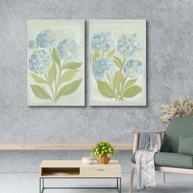Watercolor Hydrangea Floral Framed Wall Art Set of 2, Blue Green ...