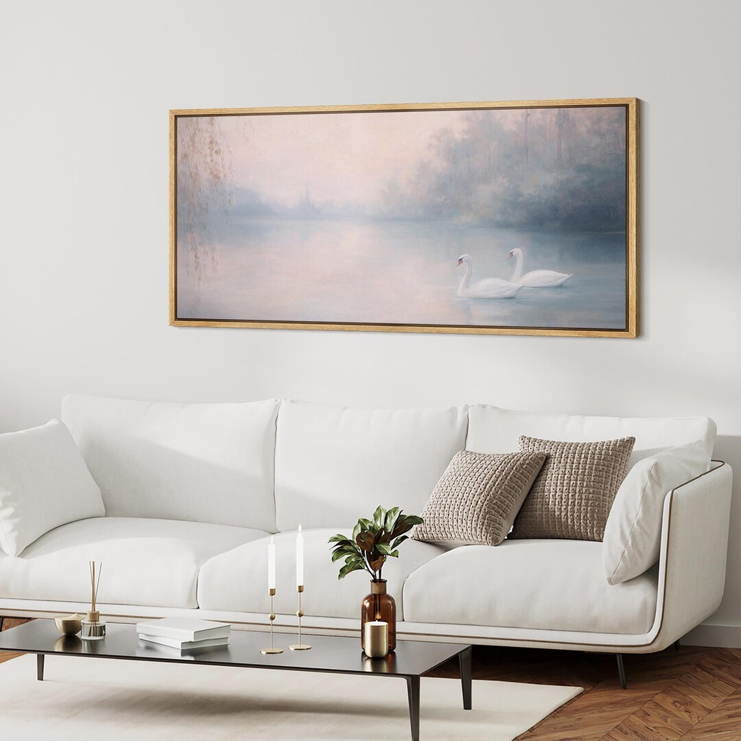 Large Framed Serene Swan Lake Wall Art, Misty Nature Landscape Canvas ...