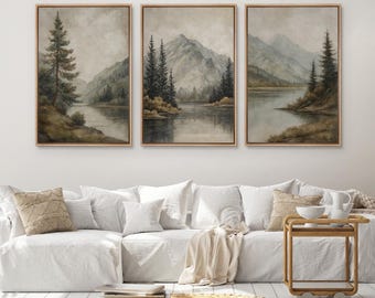 Mountain Lake Wall Art Set of 3 - Framed Pine Tree & River Canvas Prints, Neutral Nature Landscape Decor for Rustic Living Room or Bedroom