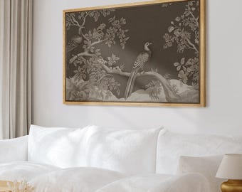 Vintage Forest Bird Framed Wall Art, Moody Neutral Botanical Canvas Print, Farmhouse Living Room Decor