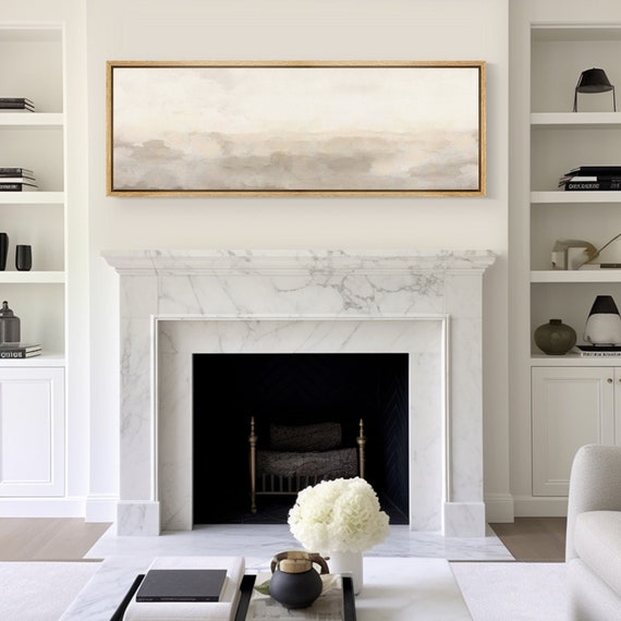 Neutral Abstract Landscape Wall Art, Large Framed Minimalist Misty