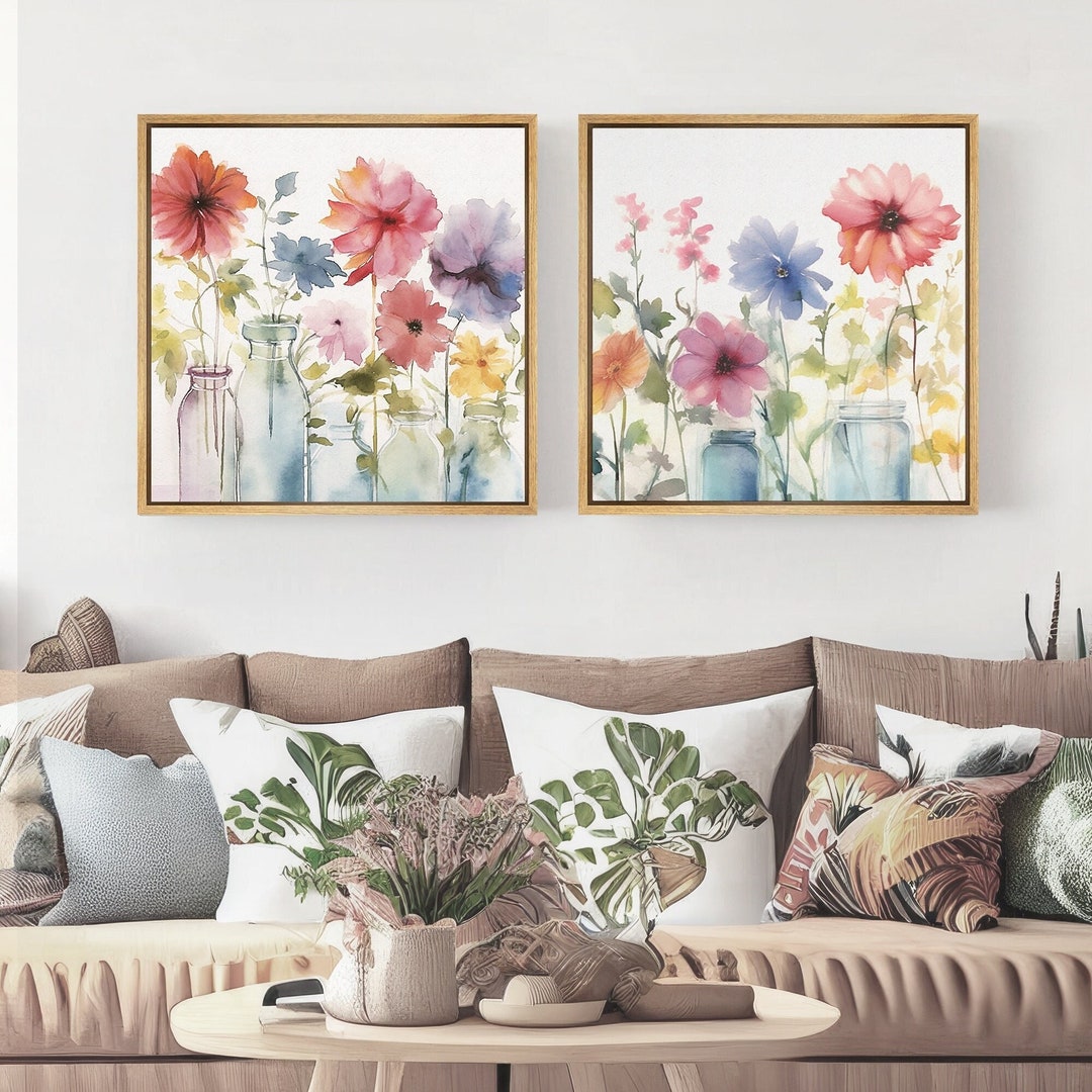 Framed Canvas Wall Art Set Watercolor Wildflowers Floral Botanical ...