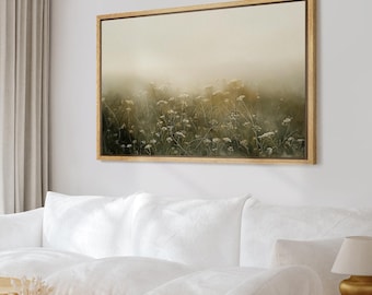 Misty Wildflower Meadow Framed Wall Art, Soft Foggy Field Canvas Print, Farmhouse Cottage Living Room Decor