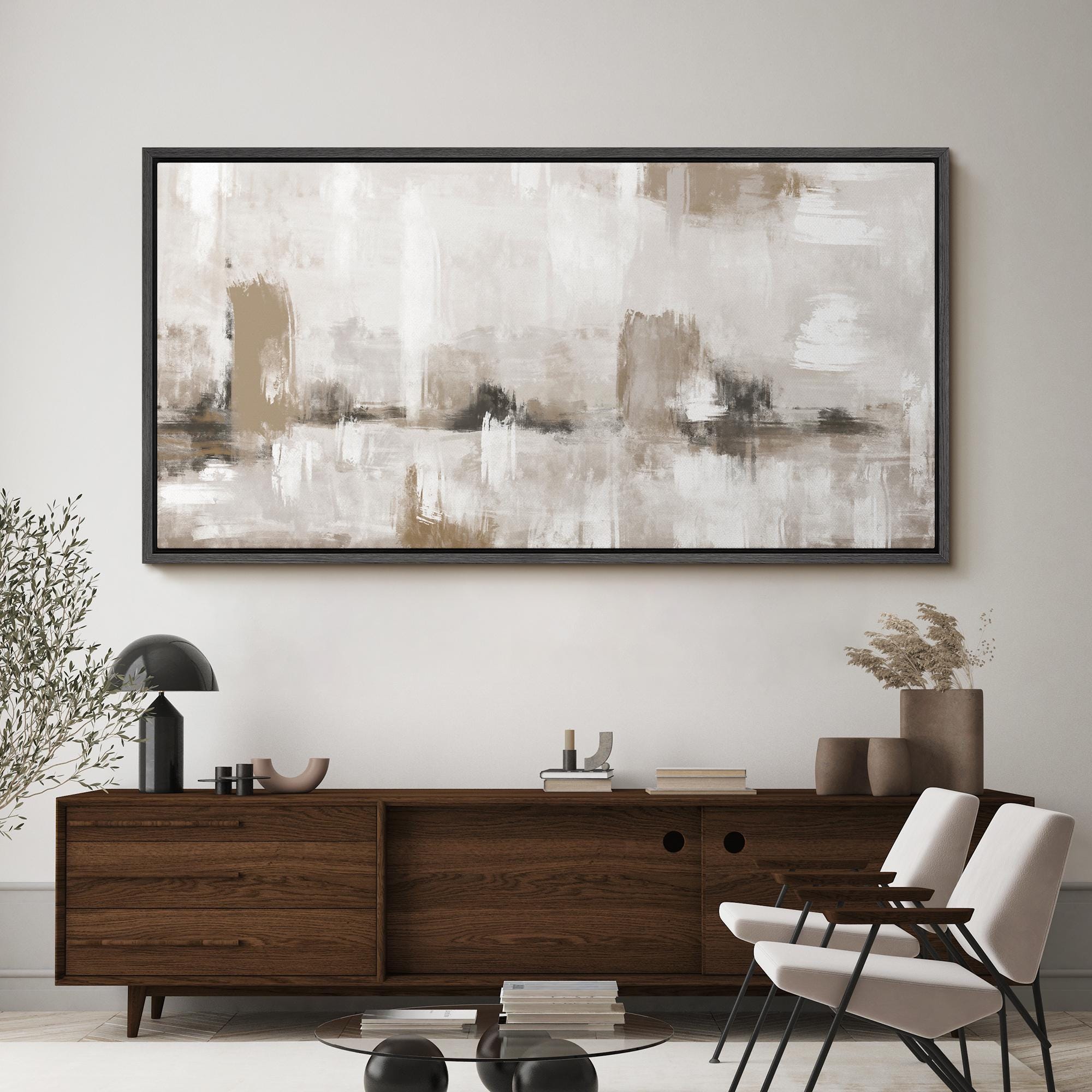 Framed Canvas Large Wall Art Neutral Abstract Print Beige and White ...
