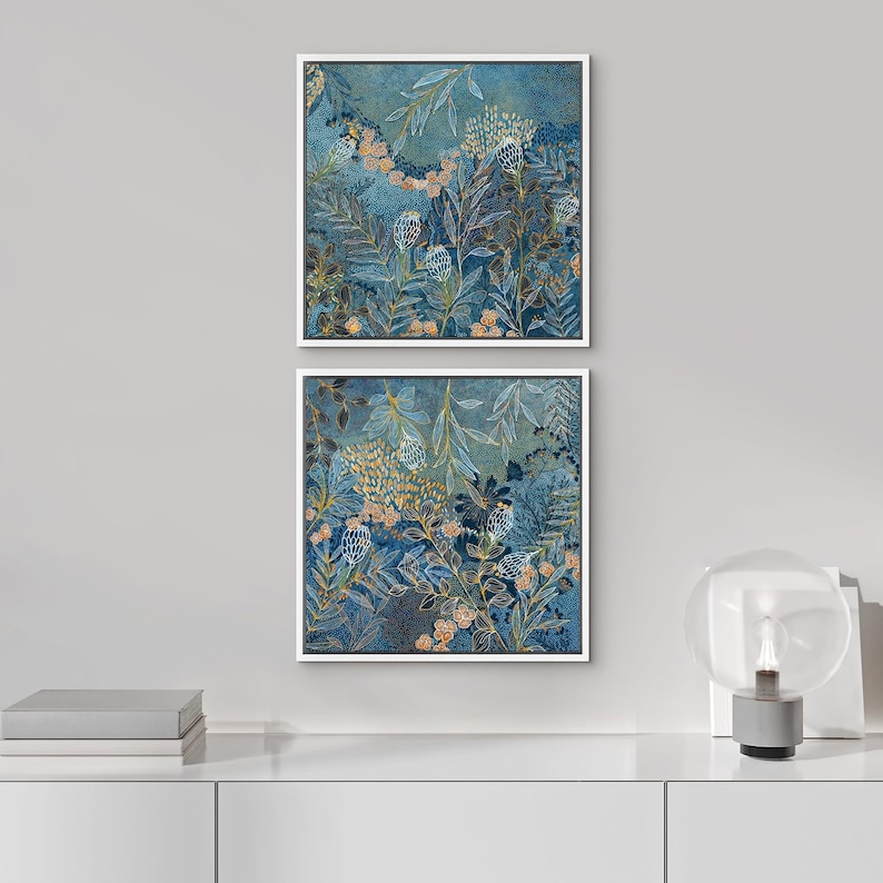 Framed Canvas Wall Art Set of 2 Abstract Blue Botanical Floral Leaf Art ...