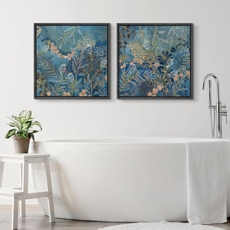 Framed Canvas Wall Art Set of 2 Abstract Blue Botanical Floral Leaf Art ...
