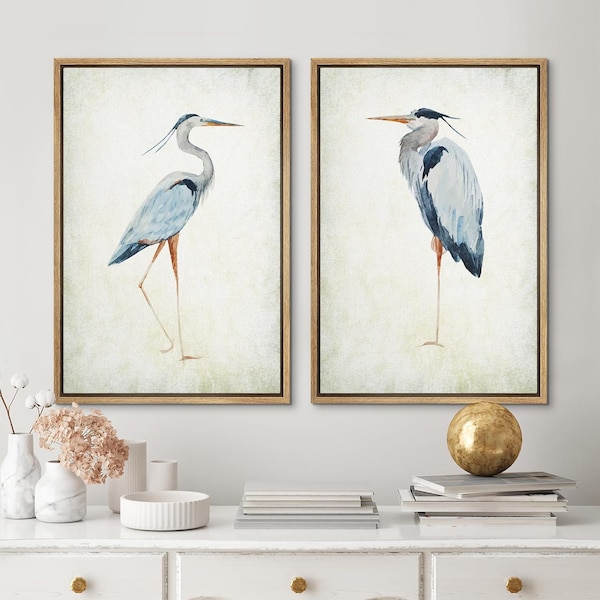 Framed Canvas Watercolor Heron Bird Wall Art Set of 2 Minimalist Blue Crane Animal Prints Asia Artwork Coastal Nature Decor for Bathroom