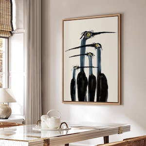 Funny Heron Wall Art - Framed Bird Canvas Print, Quirky Long Neck Birds Poster, Modern Watercolor Animal, Bathroom or Living Room Decor
