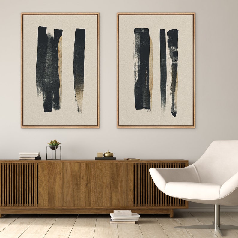 Framed Canvas Wall Art Set of 2 Black Strokes Abstract Prints ...