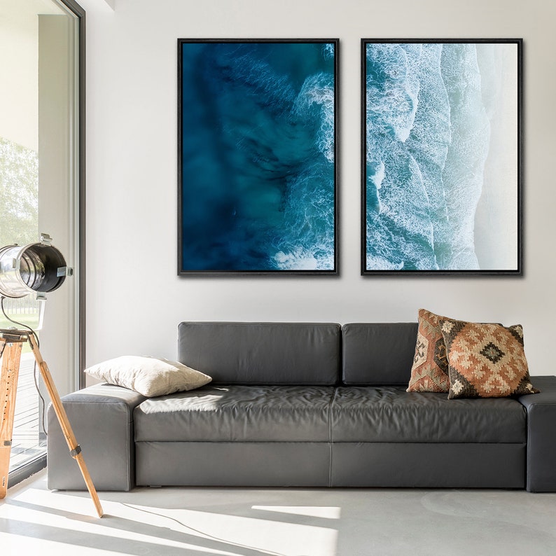 Framed Canvas Wall Art Set of 2 Navy Blue Beach Ocean Wave Photography ...