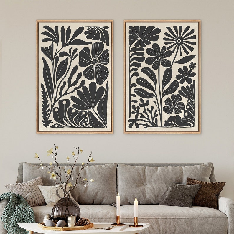 Framed Canvas Wall Art Set Abstract Floral Botanical Prints Minimalist Modern Art Boho Wall Decor bundle of 2 - Wood