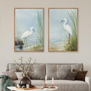 Coastal White Egret Wall Art - Set of 2 Framed Beach Bird Watercolor Canvas Prints, Seaside Nature Decor for Coastal Living Room or Bathroom