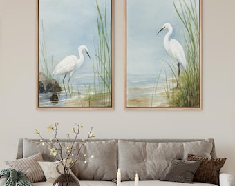 Coastal White Egret Wall Art - Set of 2 Framed Beach Bird Watercolor Canvas Prints, Seaside Nature Decor for Coastal Living Room or Bathroom