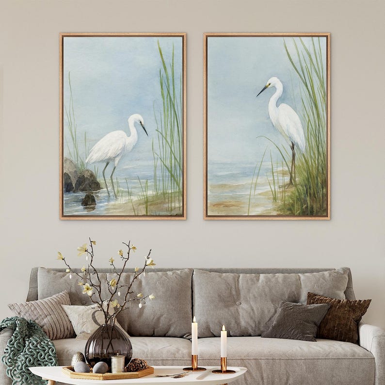 Coastal White Egret Wall Art - Set of 2 Framed Beach Bird Watercolor ...