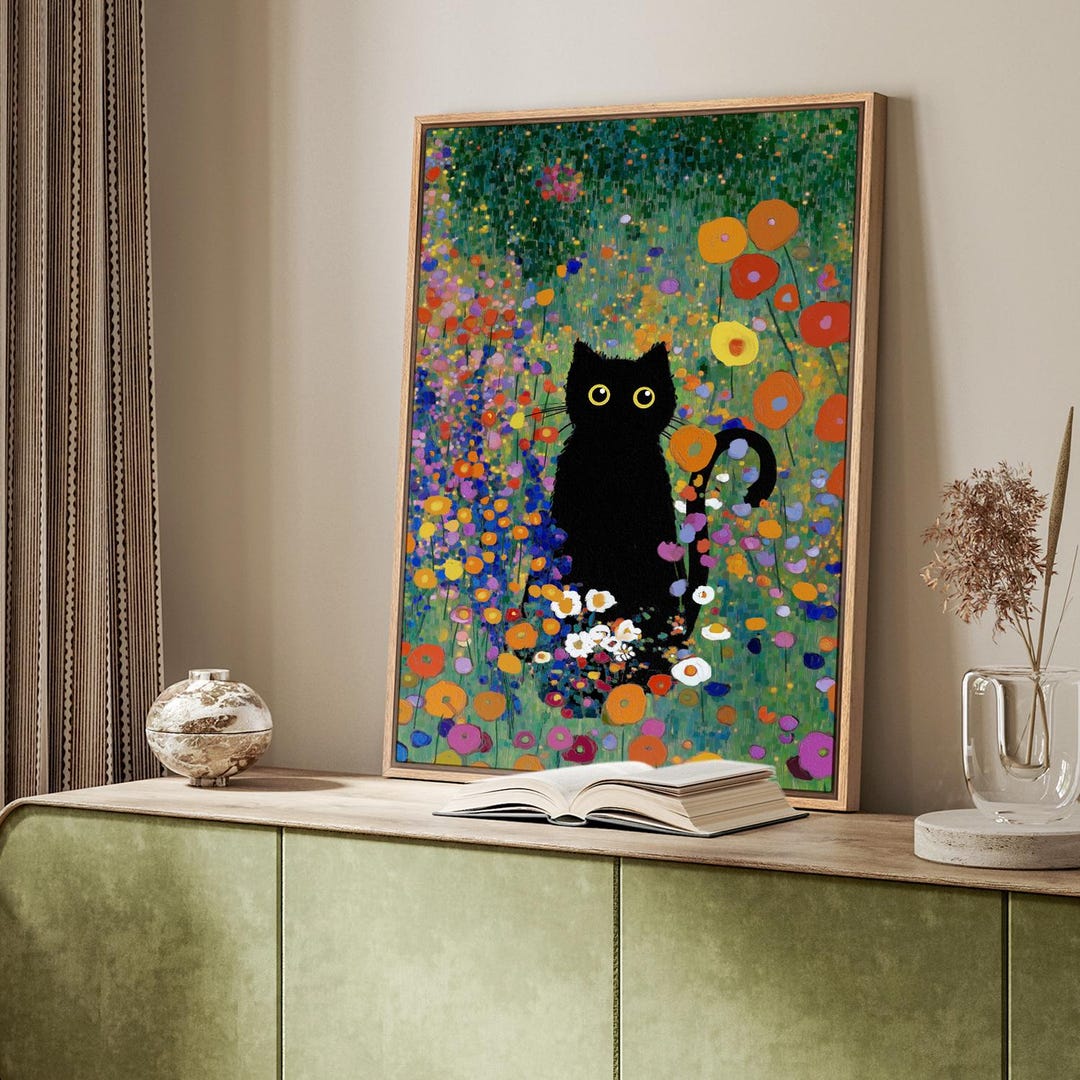ヴィトン キャットアート アートフレーム TGHMH137 Klimt Inspired Cat Art - Framed Whimsical Black Cat in Wildflowers