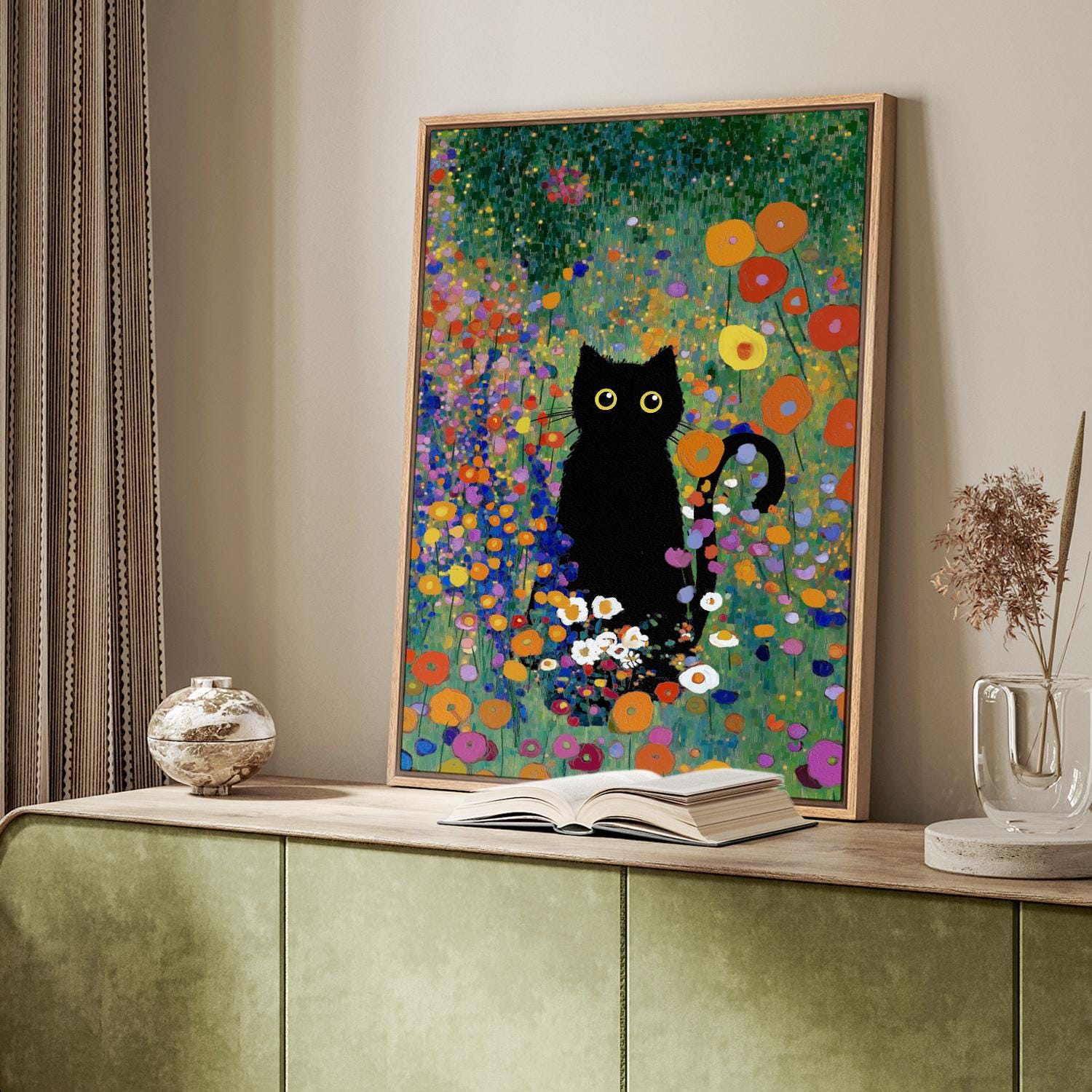 Klimt Inspired Cat Art - Framed Whimsical Black Cat in Wildflowers