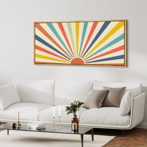 Framed Canvas Wall Art Abstract Sun Geometic Print Minimalist Mid Century Modern Large Wall Art Boho Panoramic Decor Living Room