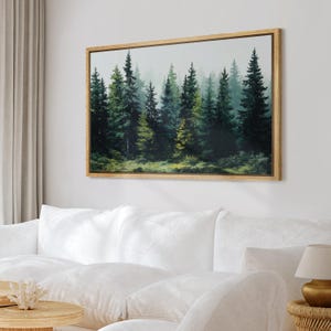 Misty Evergreen Forest Wall Art - Framed Woodland Landscape Canvas Print, Serene Nature Painting for Living Room or Cabin Decor