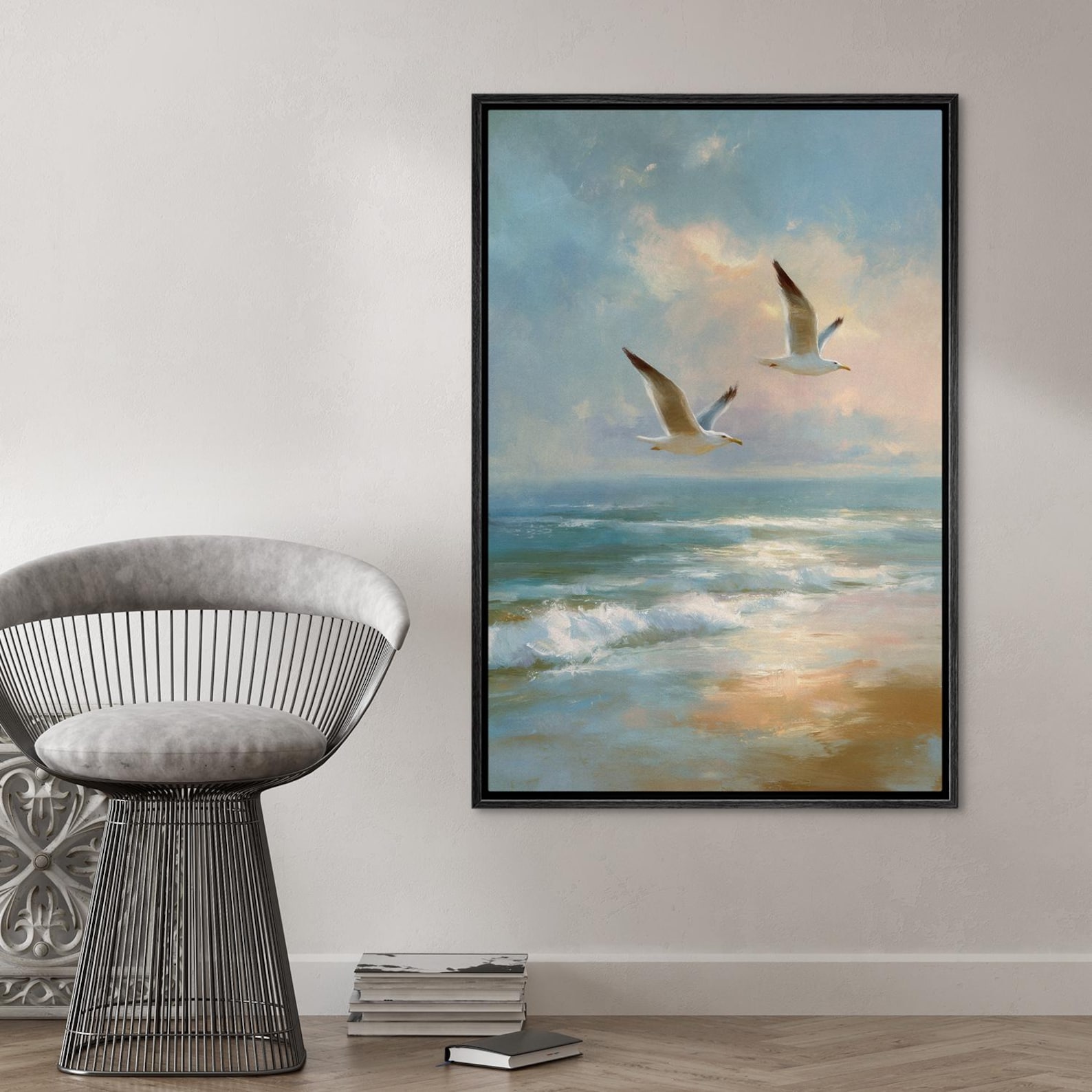 Seagull Ocean Wall Art - Framed Minimalist Bird Canvas Print, Coastal ...