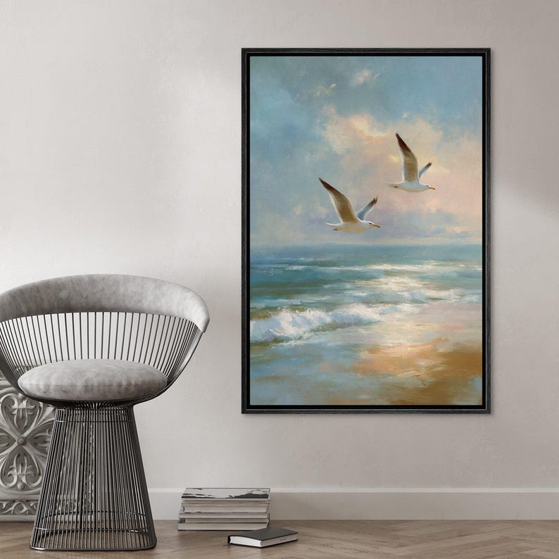 Seagull Ocean Wall Art - Framed Minimalist Bird Canvas Print, Coastal ...